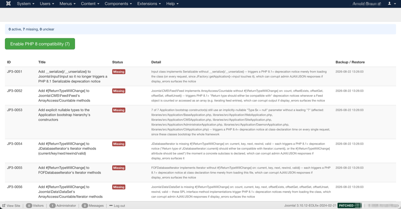 PHP 8 compatibility panel in the Joomla admin: a table of the 7 JP3-005x fixes marked 'Missing', with a green 'Enable PHP 8 compatibility (7)' button and a summary bar reading '0 active, 7 missing, 0 unclear'.